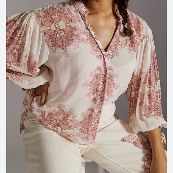 Forever That Girl Tops - Chic Floral sheer balloon tie sleeves Soft Pink blouse